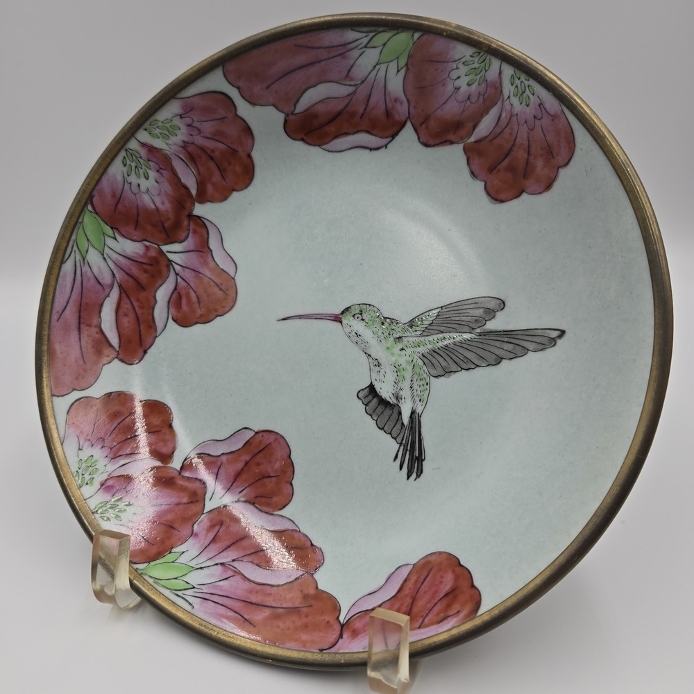 VTG RARE Rubicon Hand Painted Wall Art Flower & Hummingbird‎ Gold Trim 1987 8"